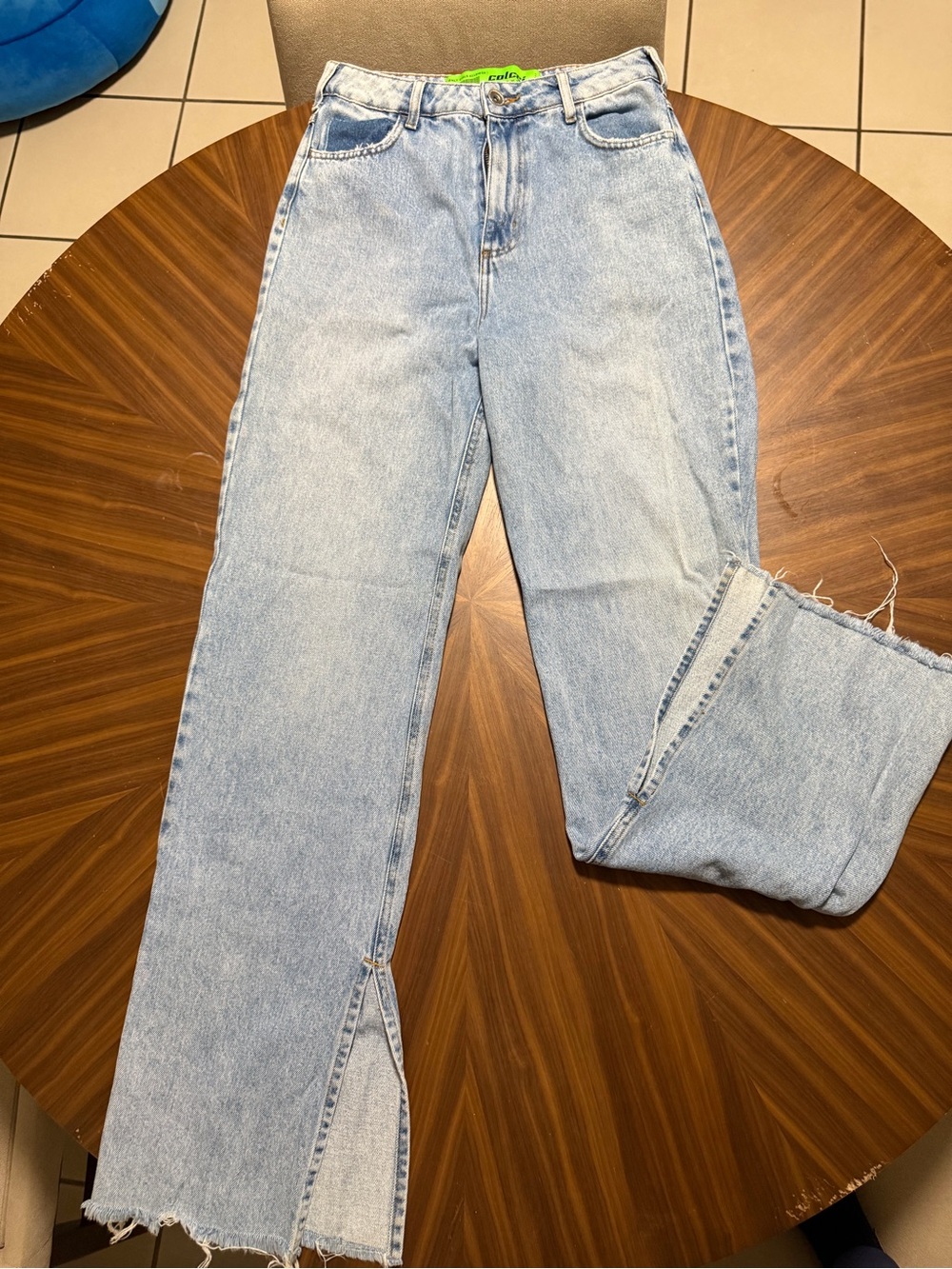 Light Blue High-Rise Straight-Leg Jeans with Front Slit